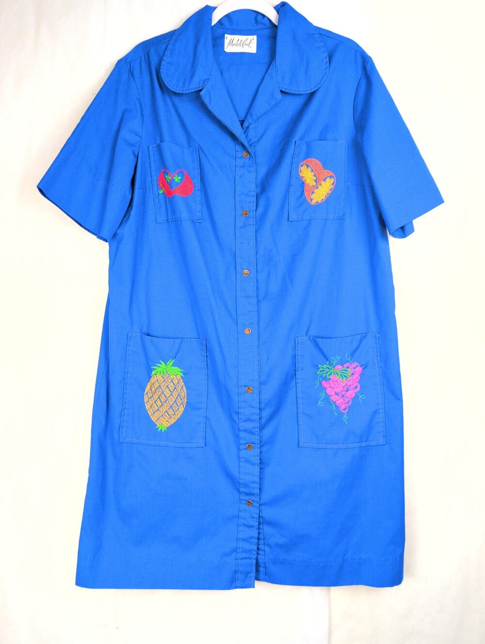 Vintage 60s Models Coat embroidered fruit snap button house coat shirt dress XL